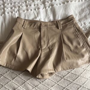 High Waist Tan Leather Shorts Miou Muse fur lined